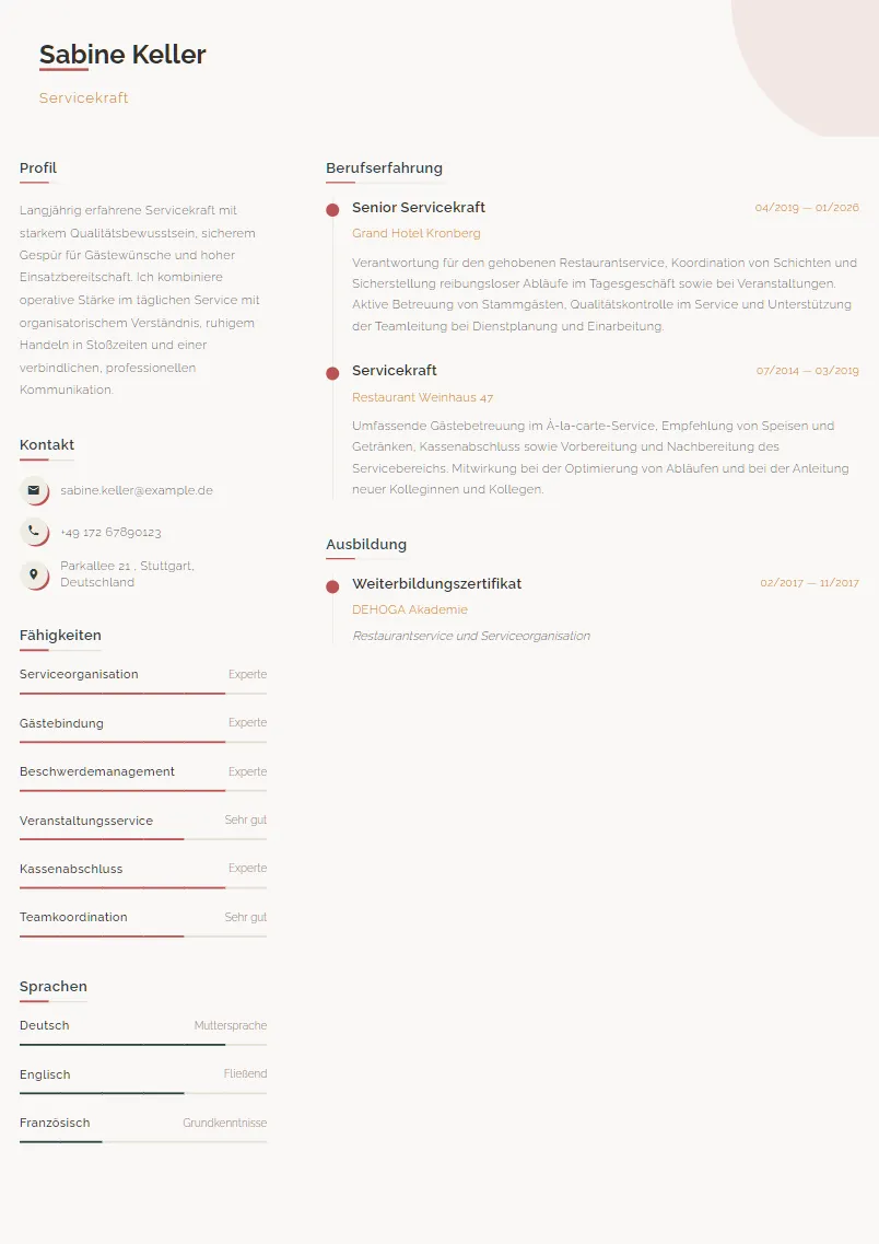 Lebenslauf Beispiel Servicekraft - Sabine Keller