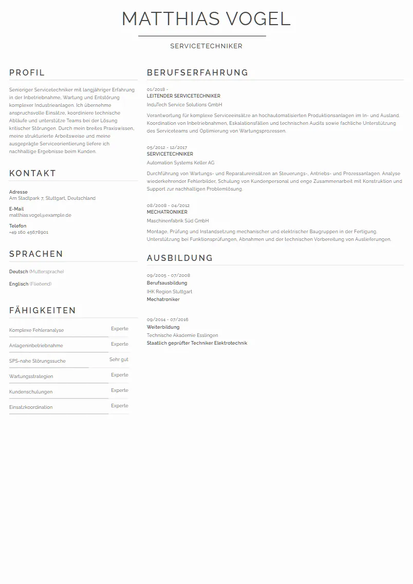 Lebenslauf Beispiel Servicetechniker - Matthias Vogel