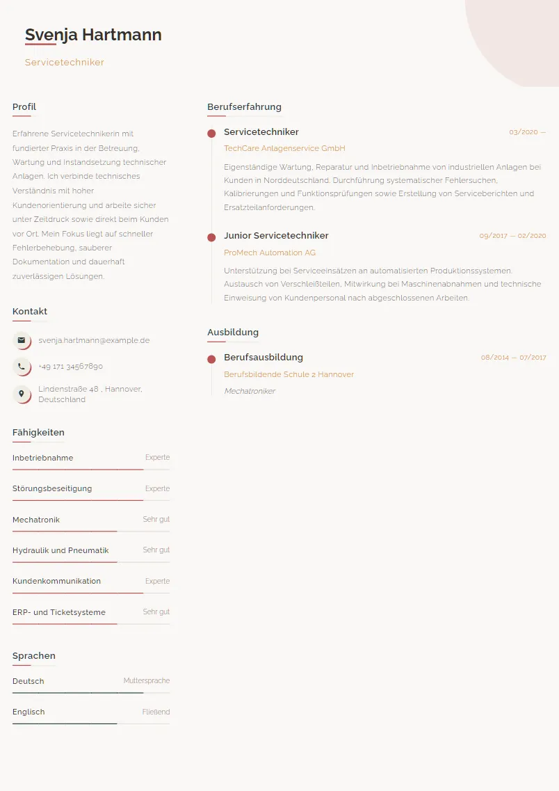 Lebenslauf Beispiel Servicetechniker - Svenja Hartmann