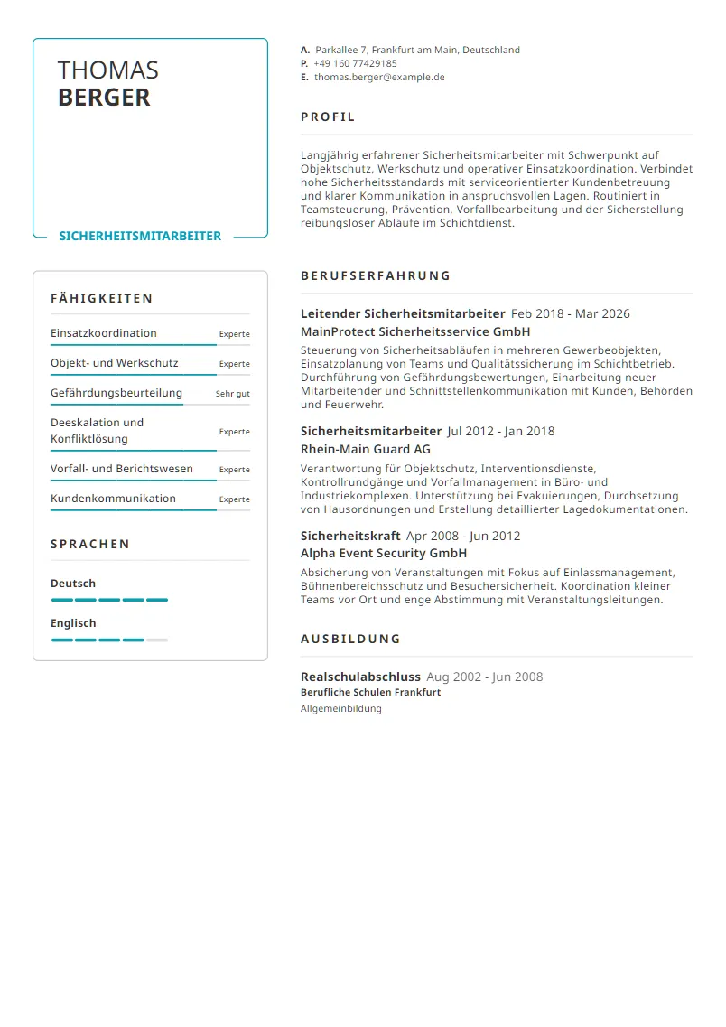 Lebenslauf Beispiel Sicherheitsmitarbeiter - Thomas Berger