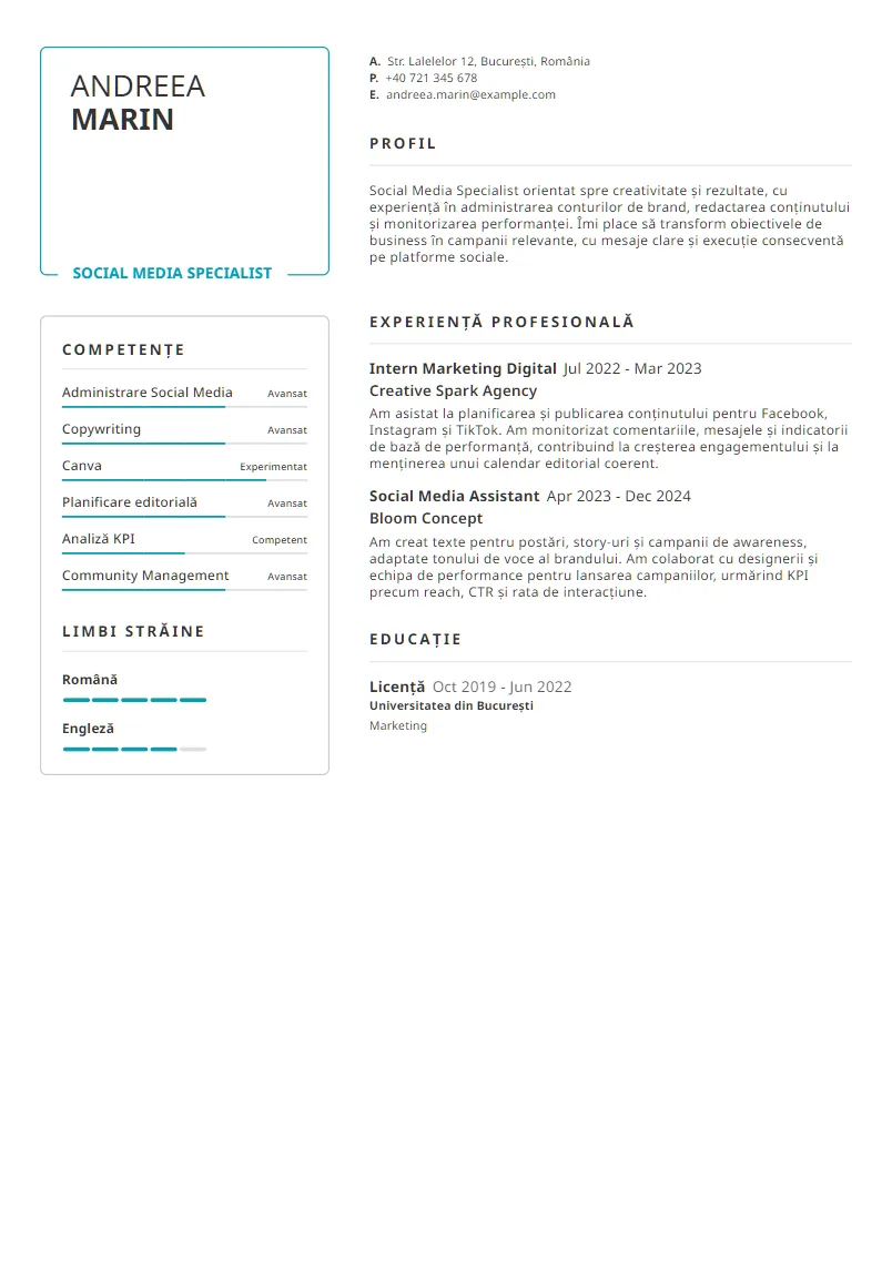 Exemplu CV Social Media Specialist - Andreea Marin