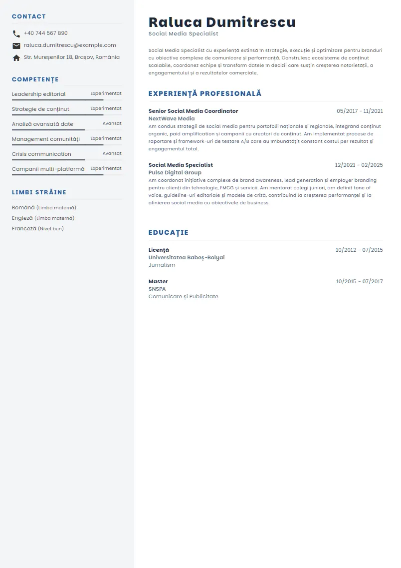 Exemplu CV Social Media Specialist - Raluca Dumitrescu