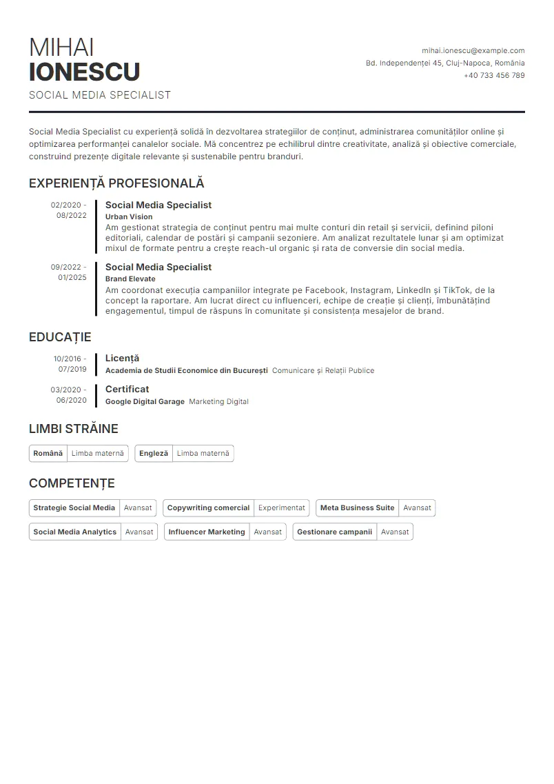 Exemplu CV Social Media Specialist - Mihai Ionescu