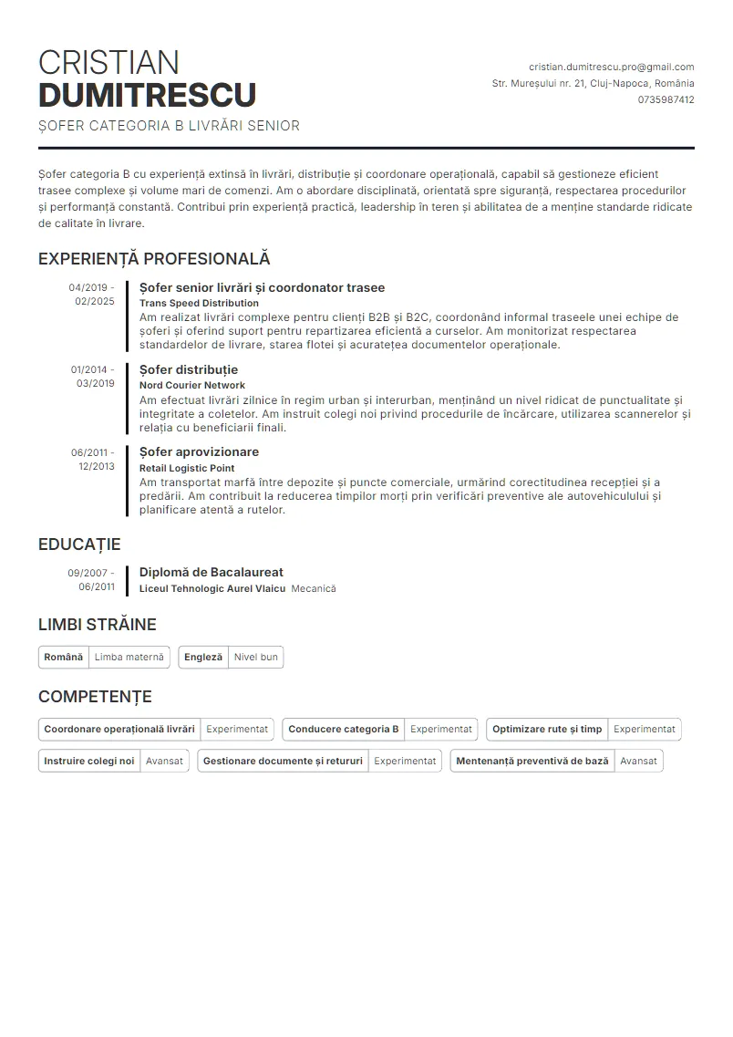 Exemplu CV Șofer categoria B livrări senior - Cristian Dumitrescu