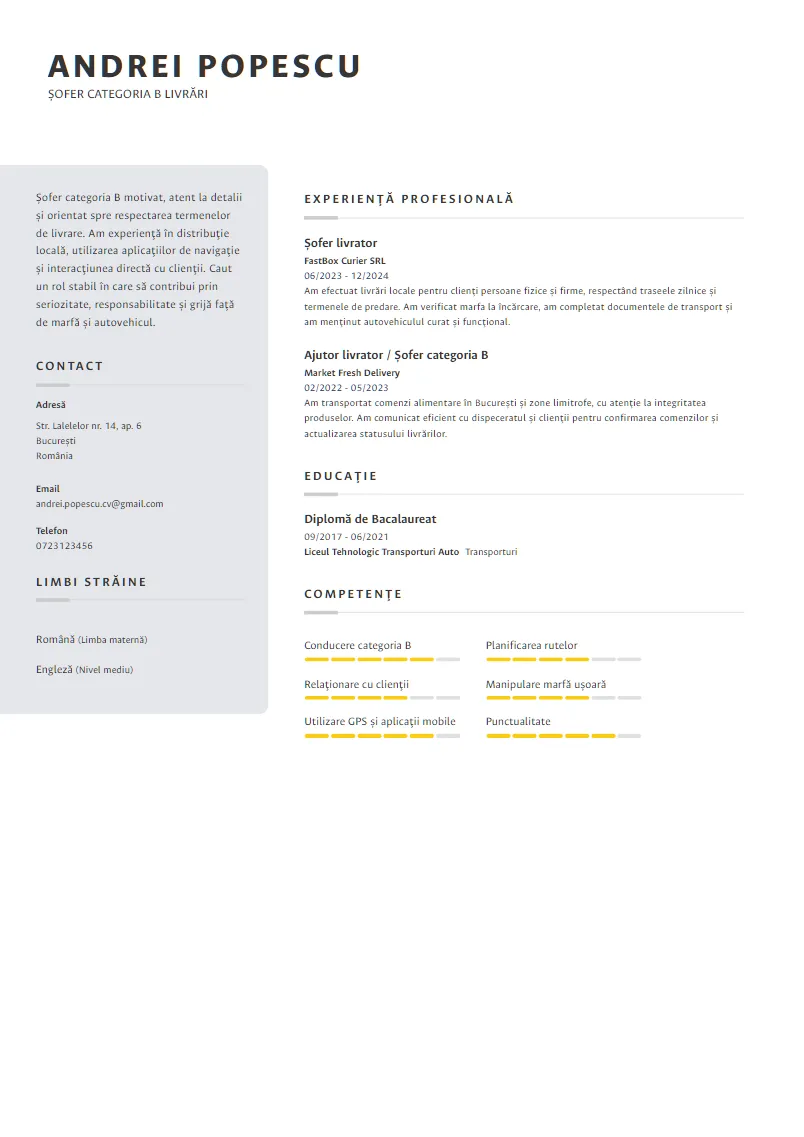 Exemplu CV Șofer categoria B livrări - Andrei Popescu