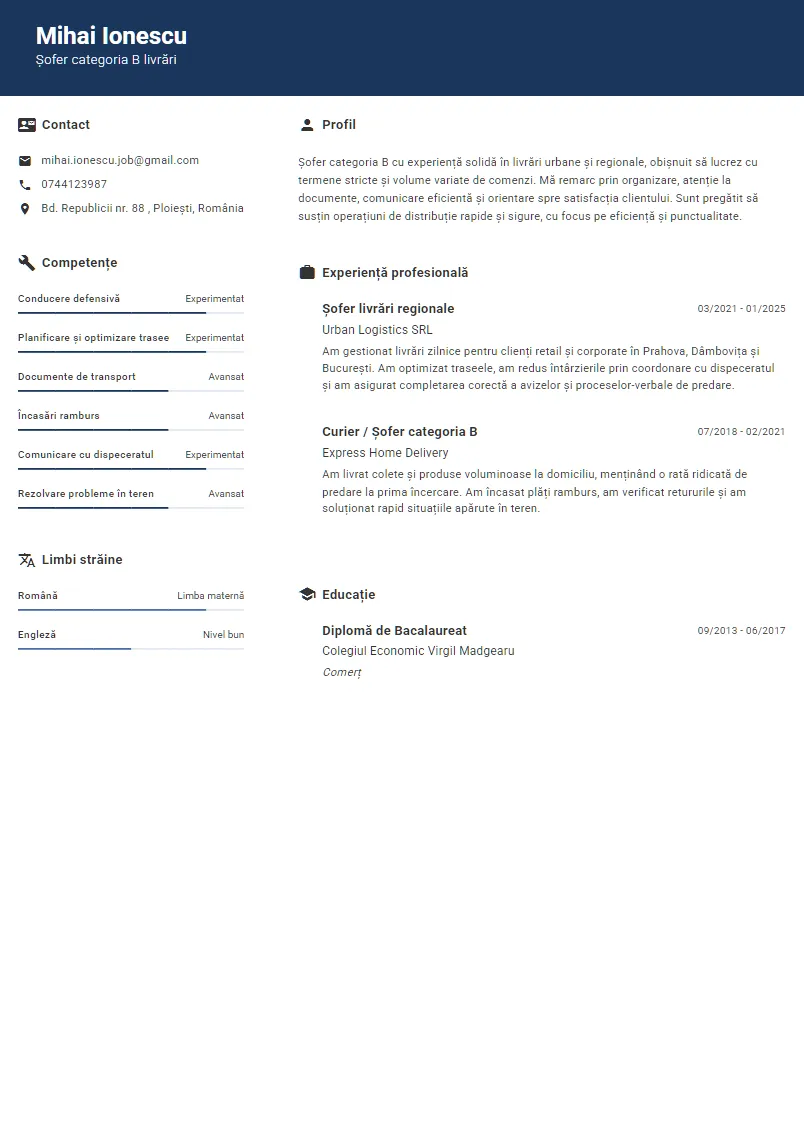 Exemplu CV Șofer categoria B livrări - Mihai Ionescu