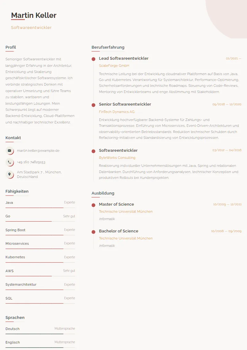 Lebenslauf Beispiel Softwareentwickler - Martin Keller