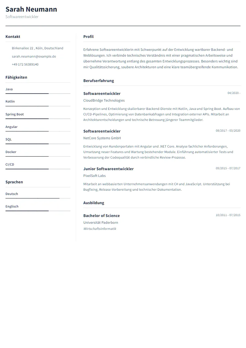 Lebenslauf Beispiel Softwareentwickler - Sarah Neumann