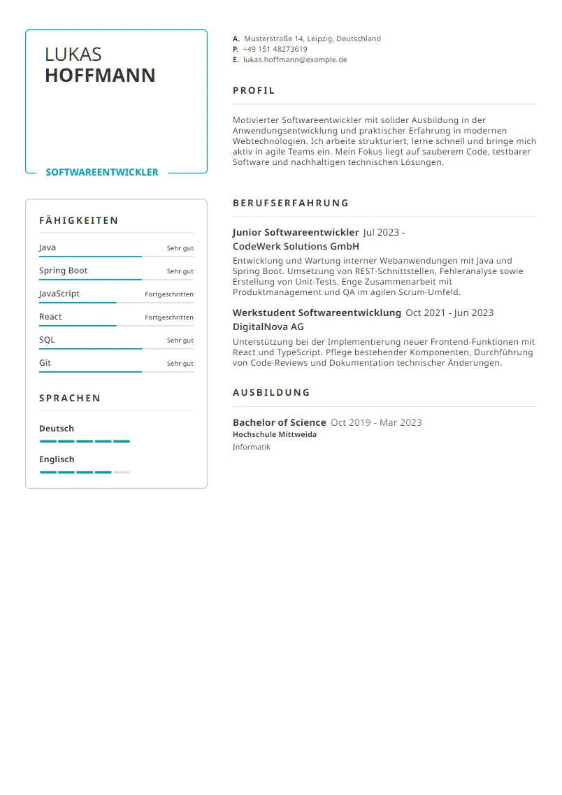 Lebenslauf Beispiel Softwareentwickler - Lukas Hoffmann