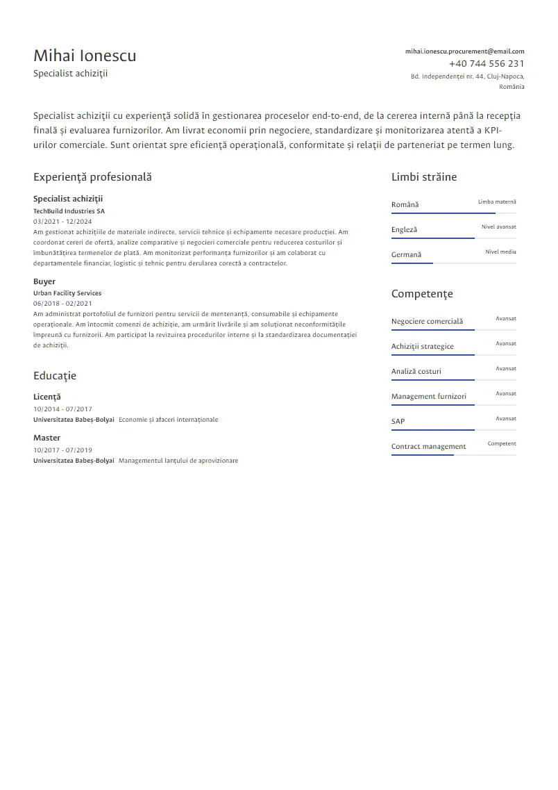 Exemplu CV Specialist achiziții - Mihai Ionescu