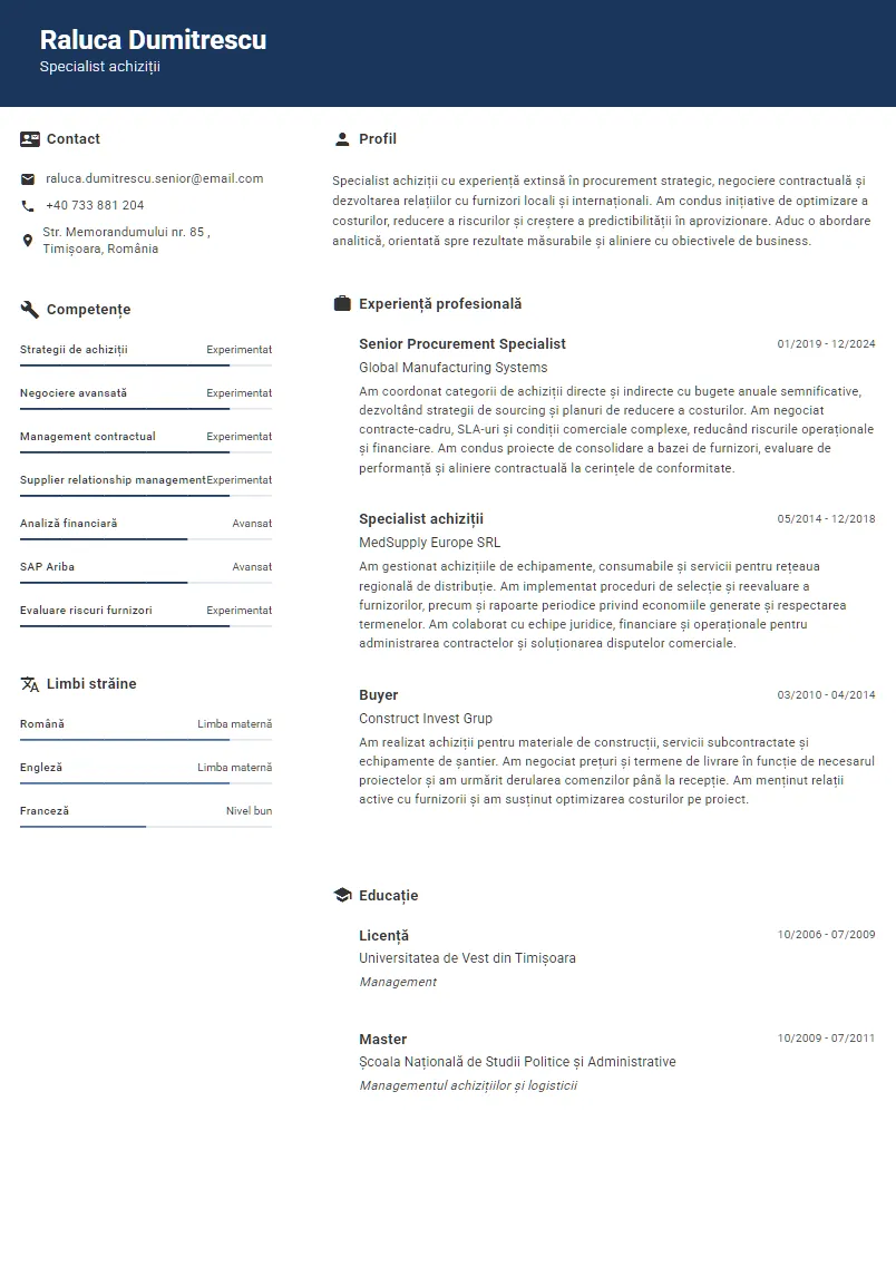 Exemplu CV Specialist achiziții - Raluca Dumitrescu