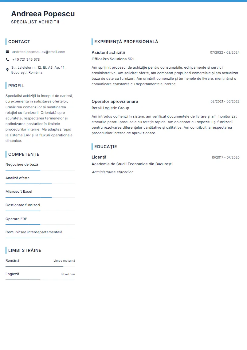 Exemplu CV Specialist achiziții - Andreea Popescu