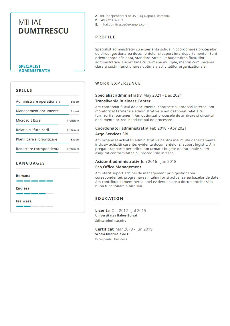 Exemplu CV Specialist administrativ - Mihai Dumitrescu