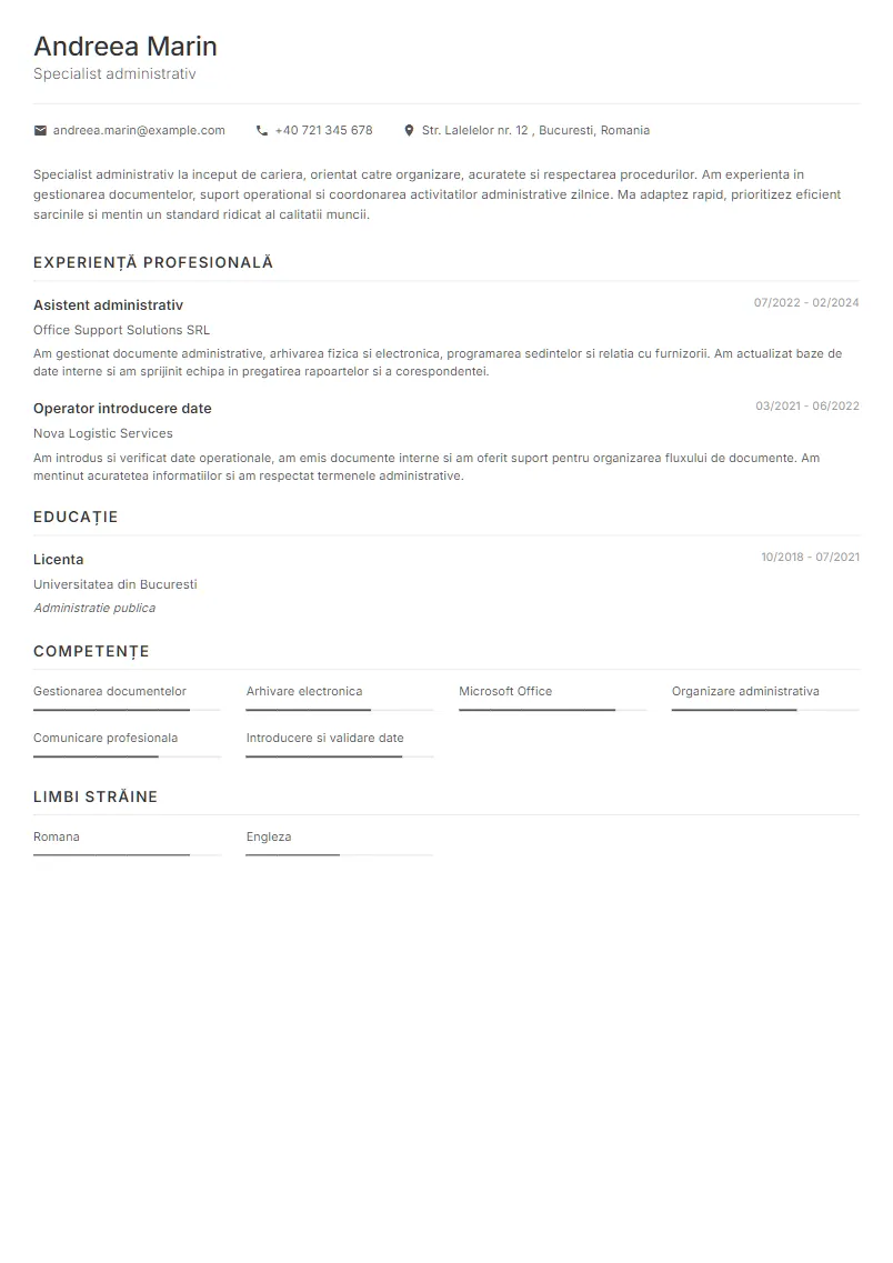 Exemplu CV Specialist administrativ - Andreea Marin