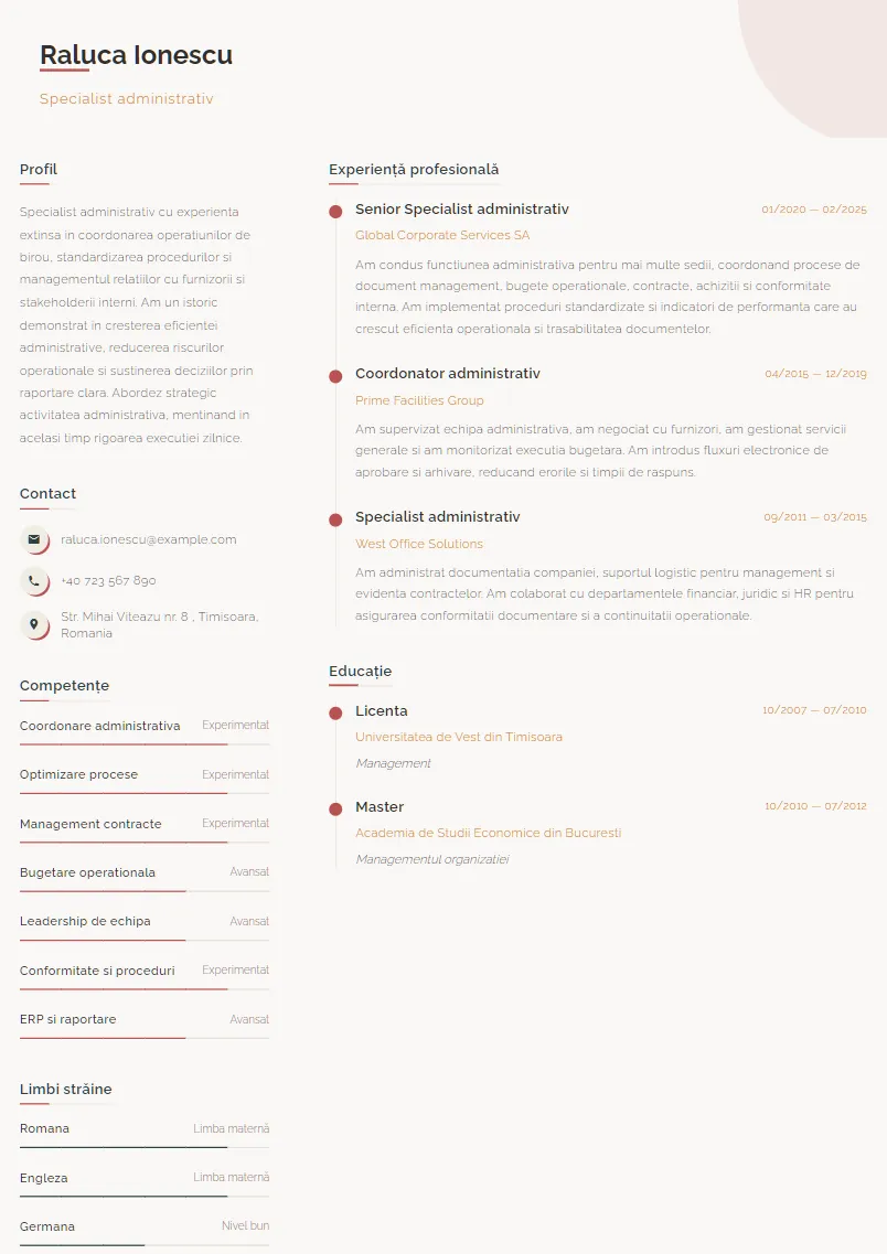 Exemplu CV Specialist administrativ - Raluca Ionescu