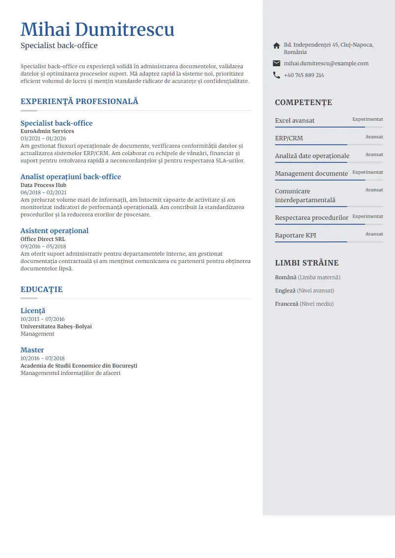 Exemplu CV Specialist back-office - Mihai Dumitrescu