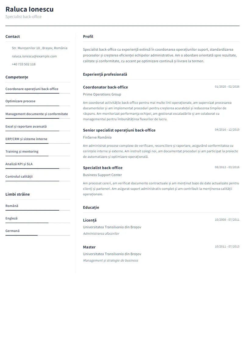 Exemplu CV Specialist back-office - Raluca Ionescu
