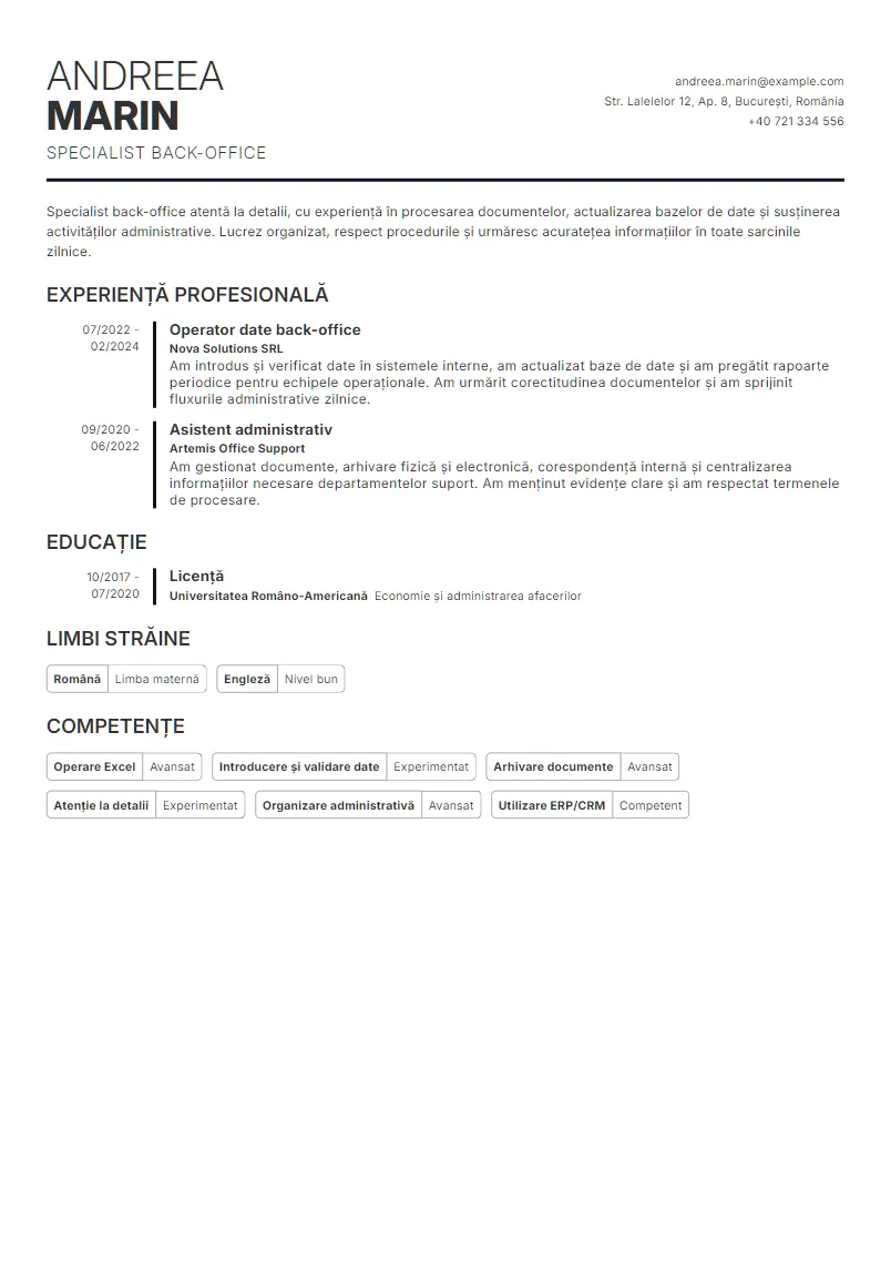 Exemplu CV Specialist back-office - Andreea Marin