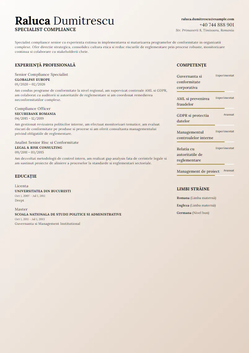 Exemplu CV Specialist compliance - Raluca Dumitrescu