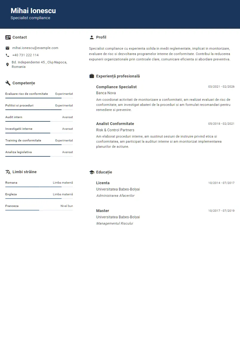 Exemplu CV Specialist compliance - Mihai Ionescu