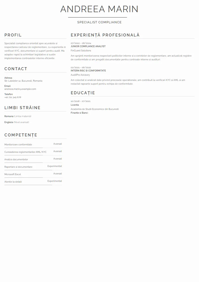 Exemplu CV Specialist compliance - Andreea Marin