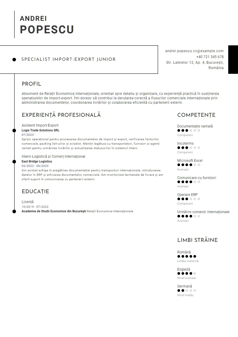 Exemplu CV Specialist Import-Export Junior - Andrei Popescu