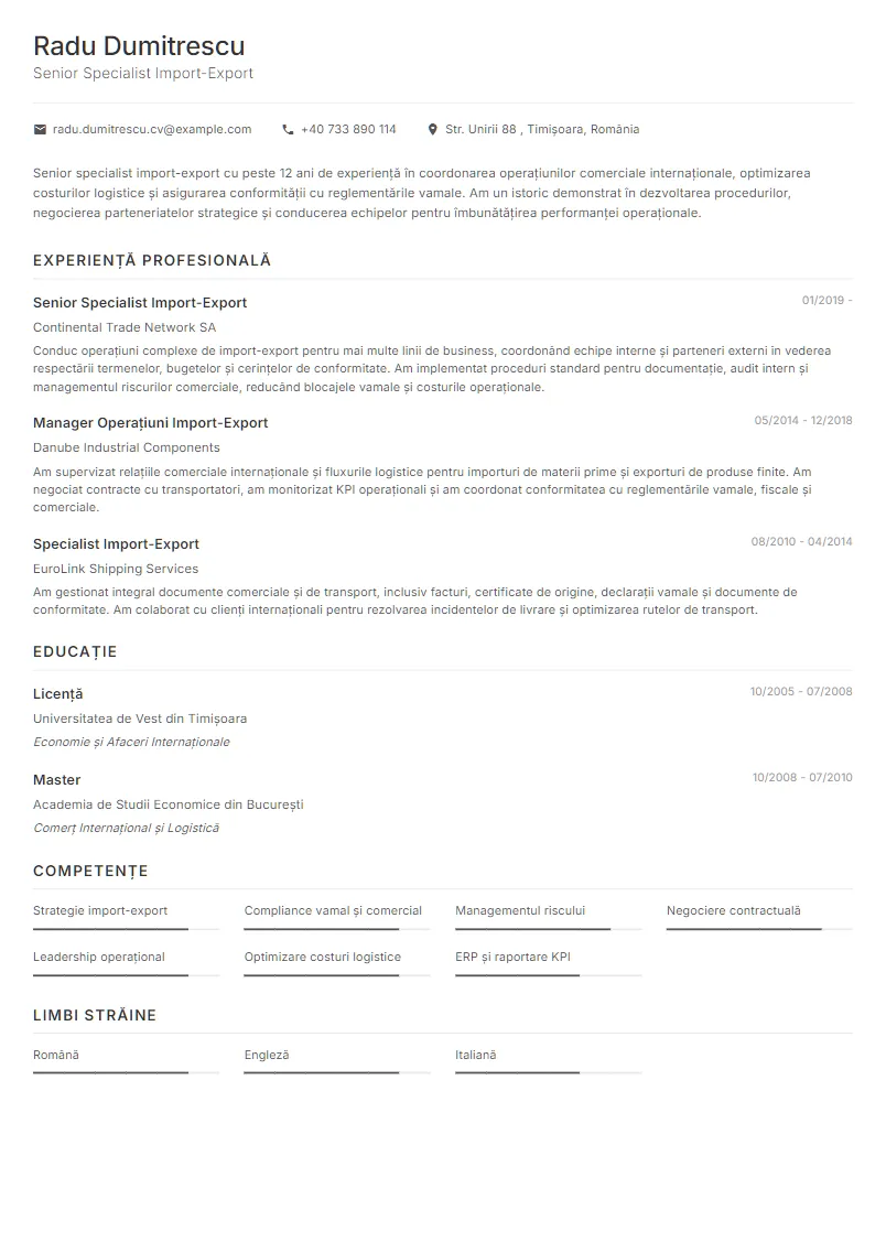Exemplu CV Senior Specialist Import-Export - Radu Dumitrescu