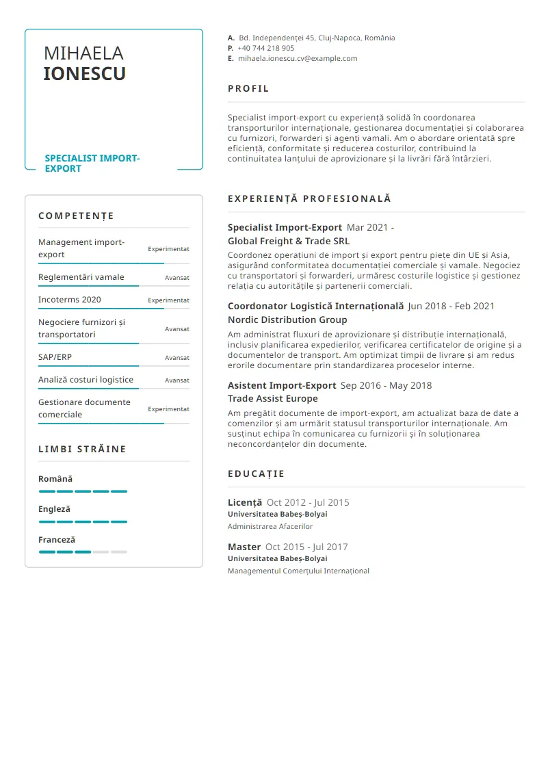 Exemplu CV Specialist Import-Export - Mihaela Ionescu