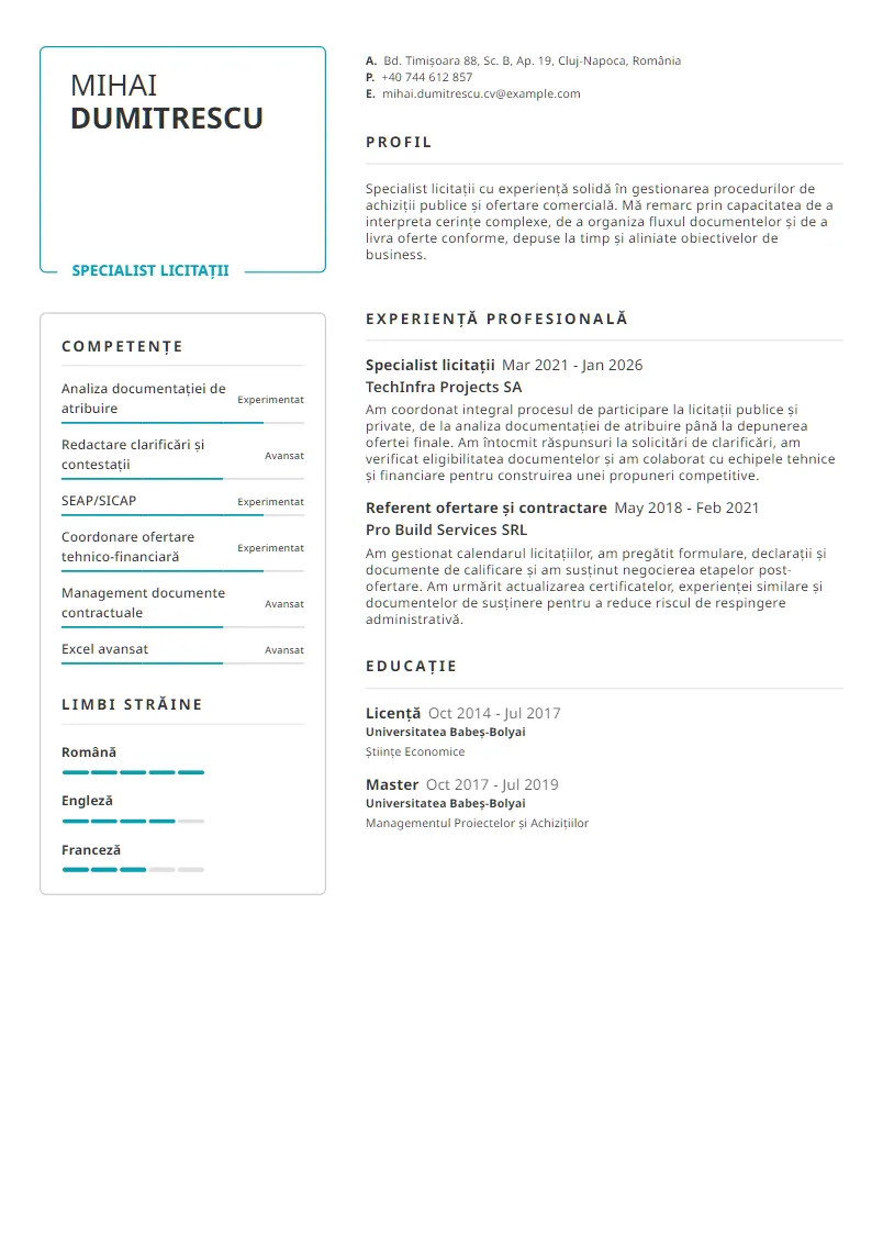 Exemplu CV Specialist licitații - Mihai Dumitrescu