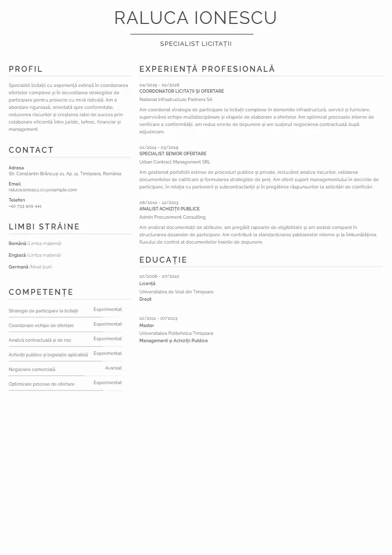 Exemplu CV Specialist licitații - Raluca Ionescu