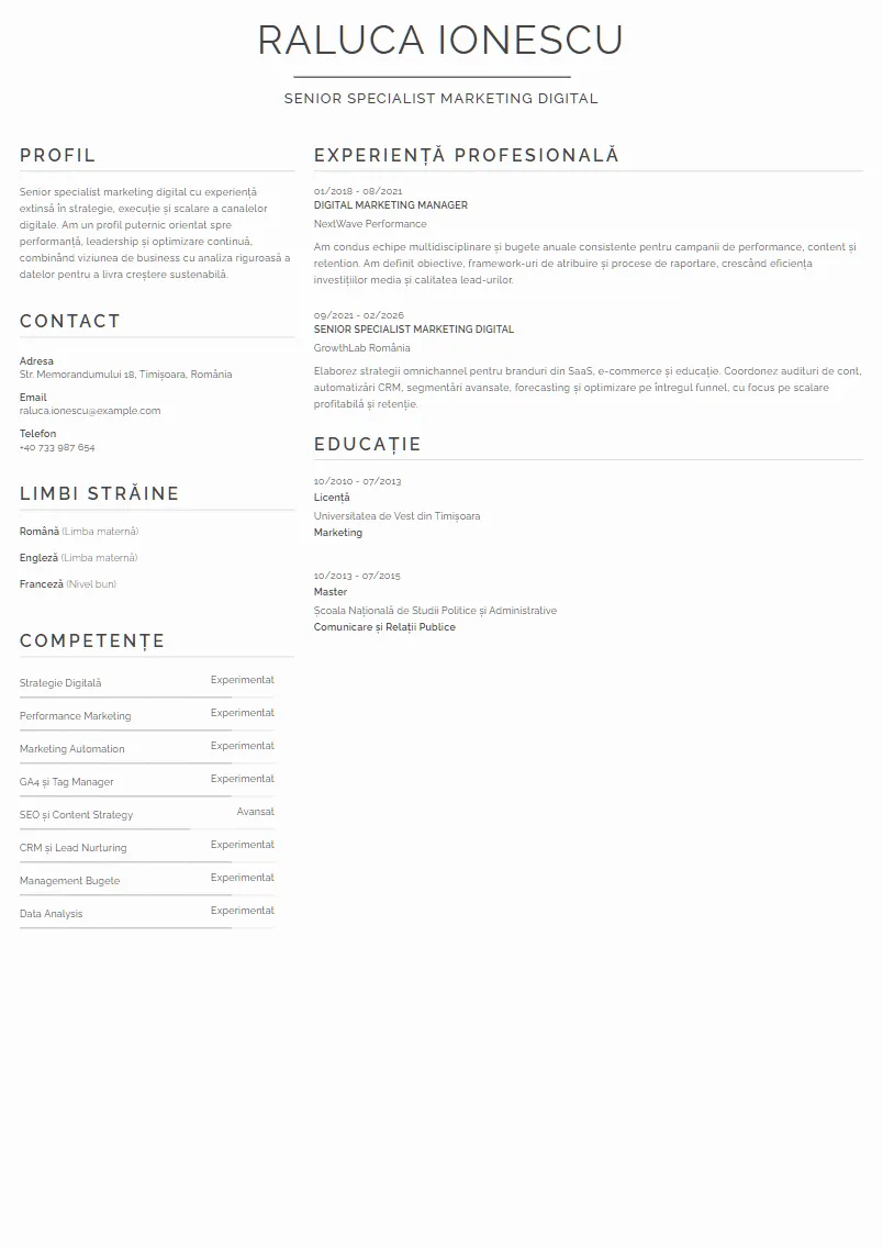 Exemplu CV Senior Specialist Marketing Digital - Raluca Ionescu