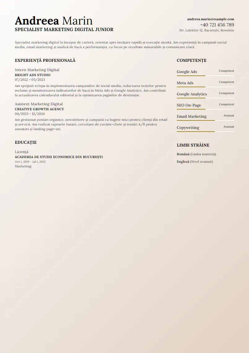 Exemplu CV Specialist Marketing Digital Junior - Andreea Marin