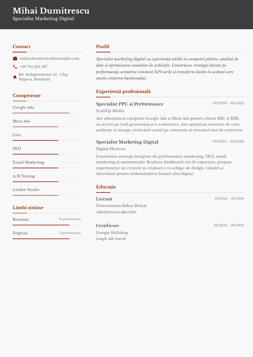 Exemplu CV Specialist Marketing Digital - Mihai Dumitrescu