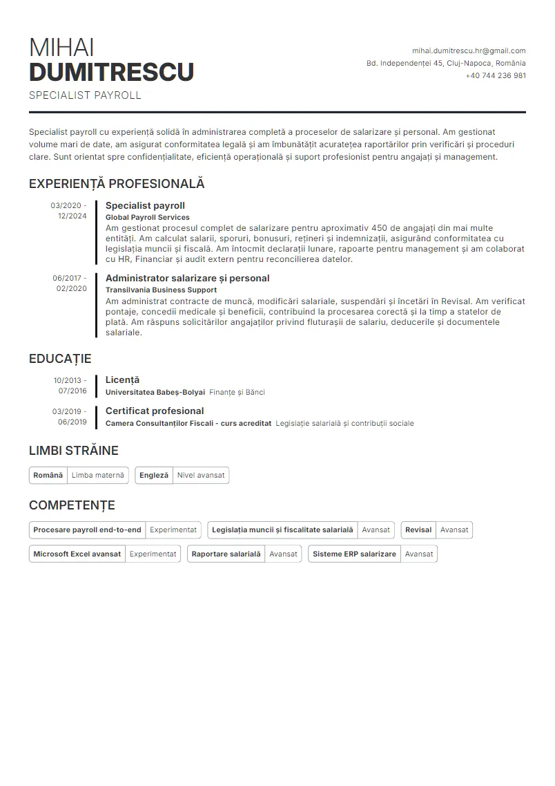 Exemplu CV Specialist payroll - Mihai Dumitrescu