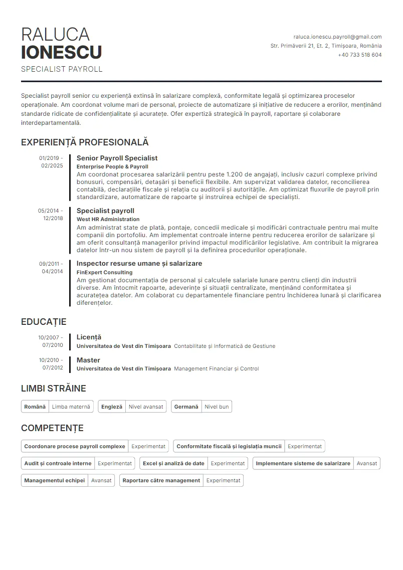 Exemplu CV Specialist payroll - Raluca Ionescu