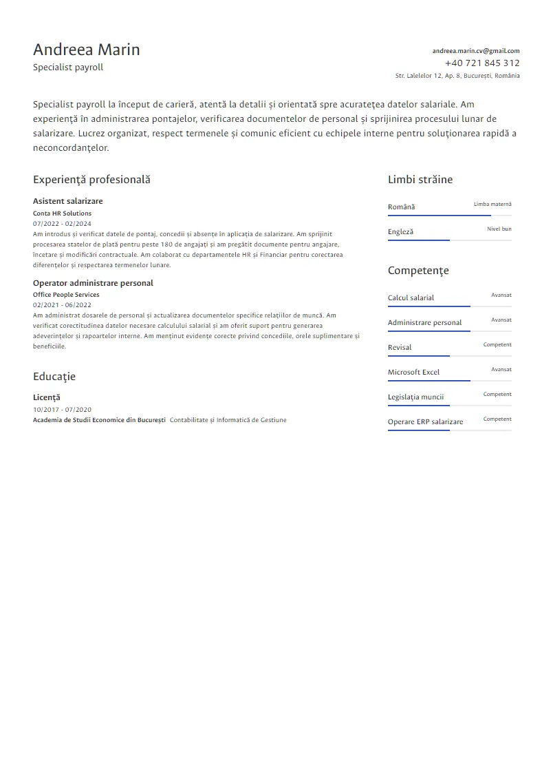 Exemplu CV Specialist payroll - Andreea Marin