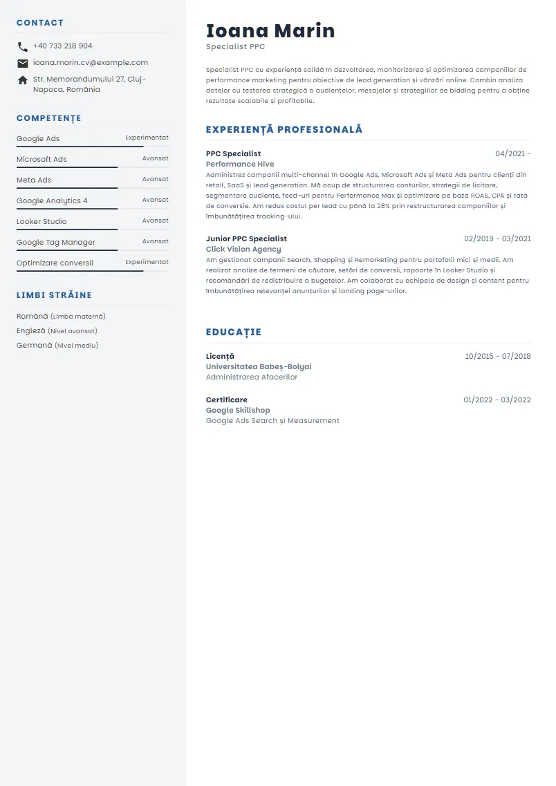 Exemplu CV Specialist PPC - Ioana Marin