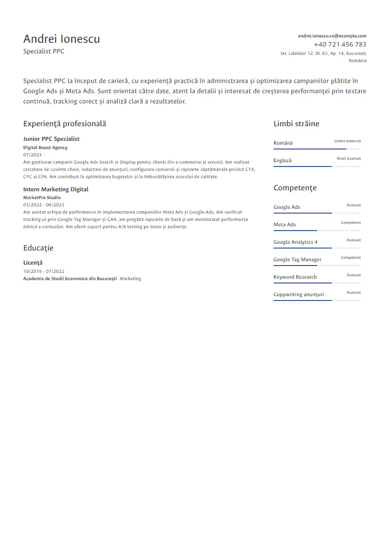 Exemplu CV Specialist PPC - Andrei Ionescu