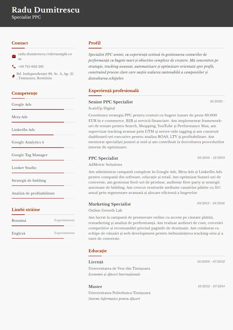 Exemplu CV Specialist PPC - Radu Dumitrescu
