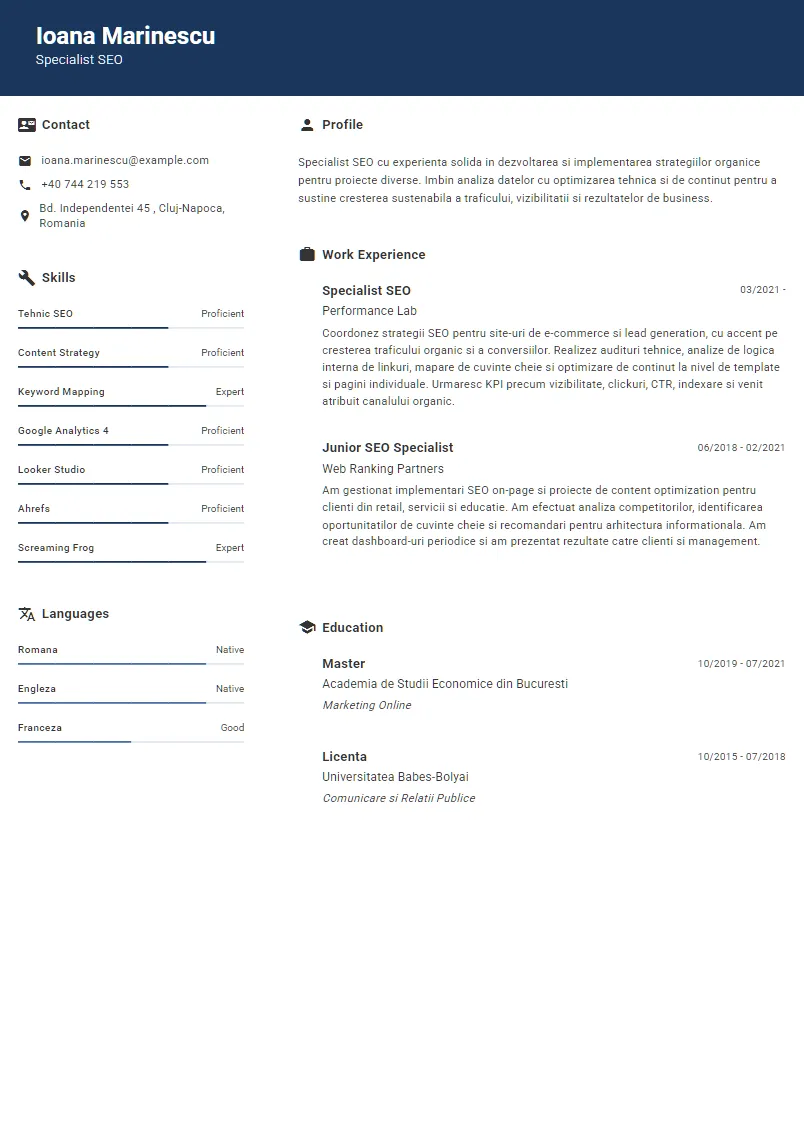 Exemplu CV Specialist SEO - Ioana Marinescu
