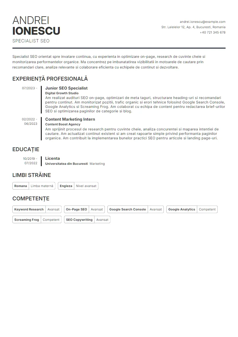 Exemplu CV Specialist SEO - Andrei Ionescu