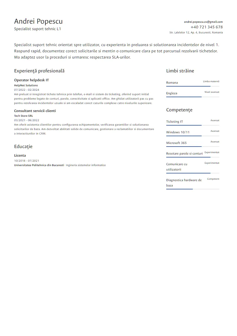 Exemplu CV Specialist suport tehnic L1 - Andrei Popescu