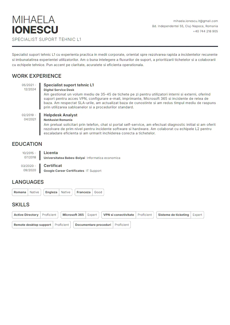 Exemplu CV Specialist suport tehnic L1 - Mihaela Ionescu