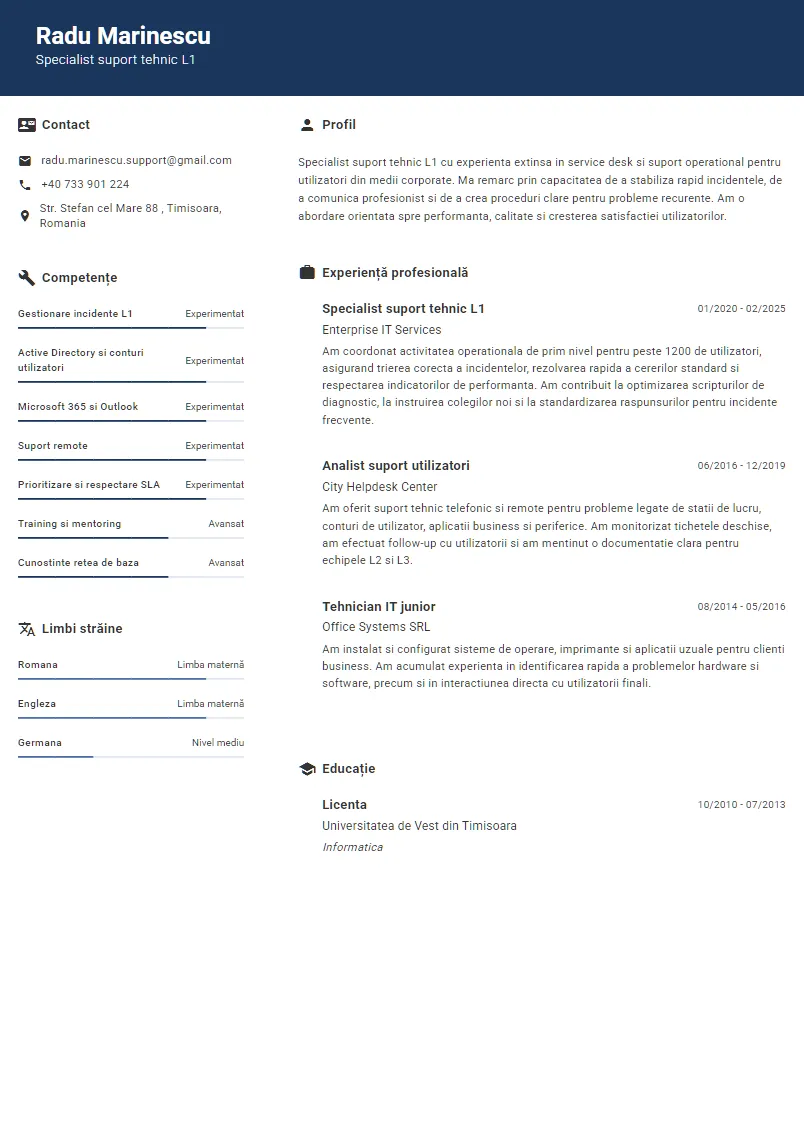 Exemplu CV Specialist suport tehnic L1 - Radu Marinescu