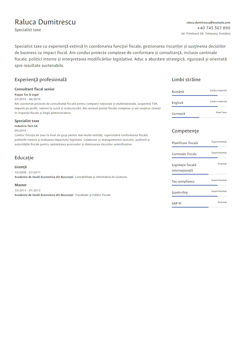Exemplu CV Specialist taxe - Raluca Dumitrescu