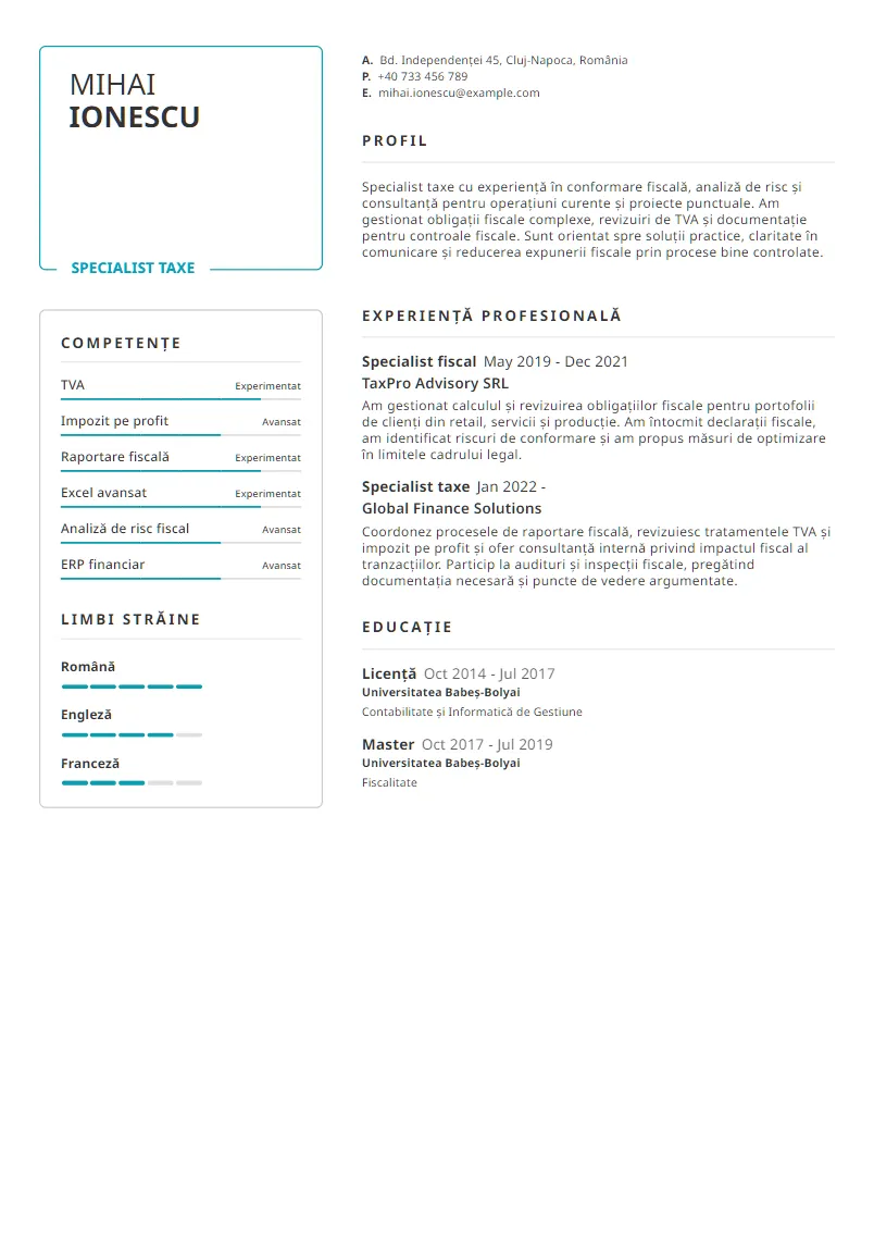 Exemplu CV Specialist taxe - Mihai Ionescu