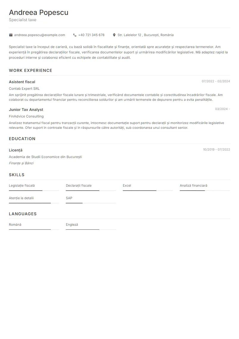 Exemplu CV Specialist taxe - Andreea Popescu