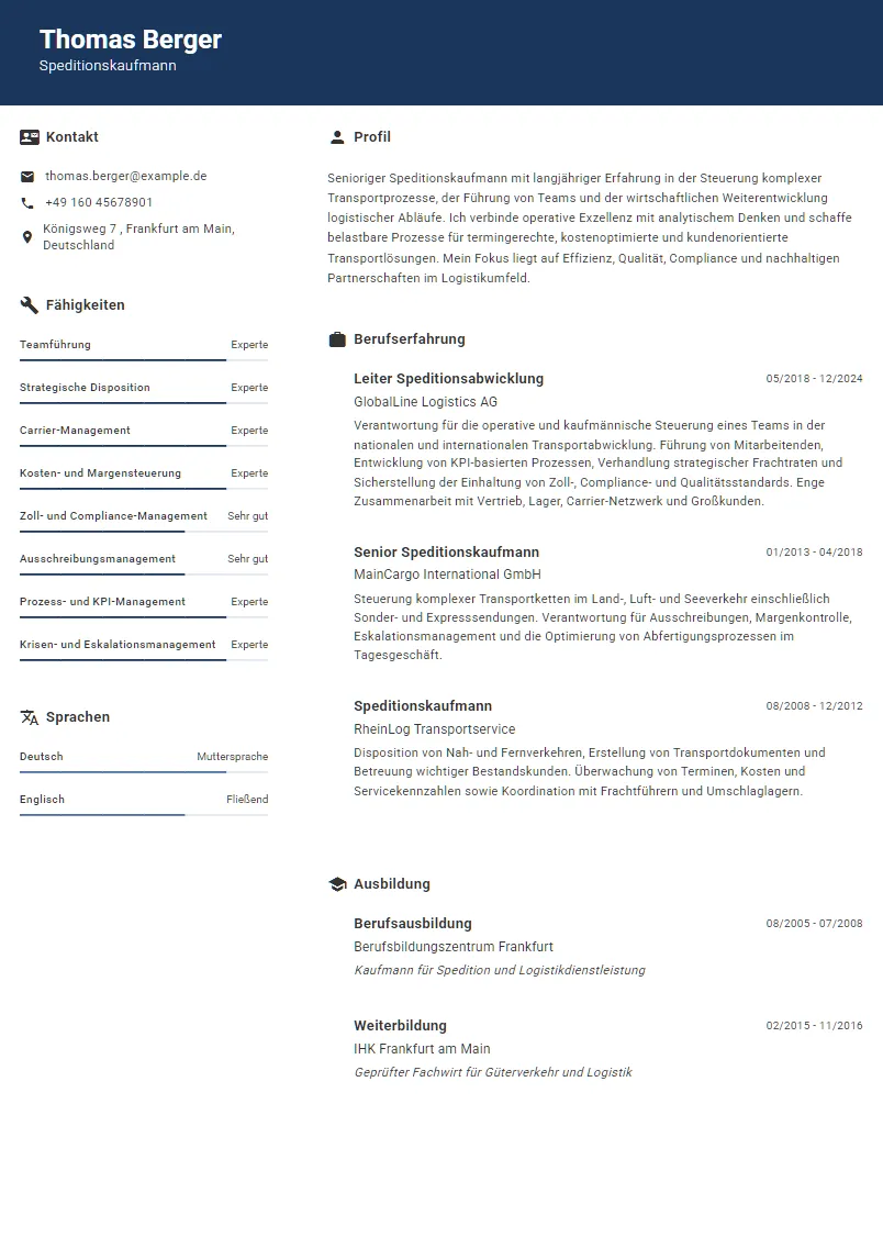 Lebenslauf Beispiel Speditionskaufmann - Thomas Berger