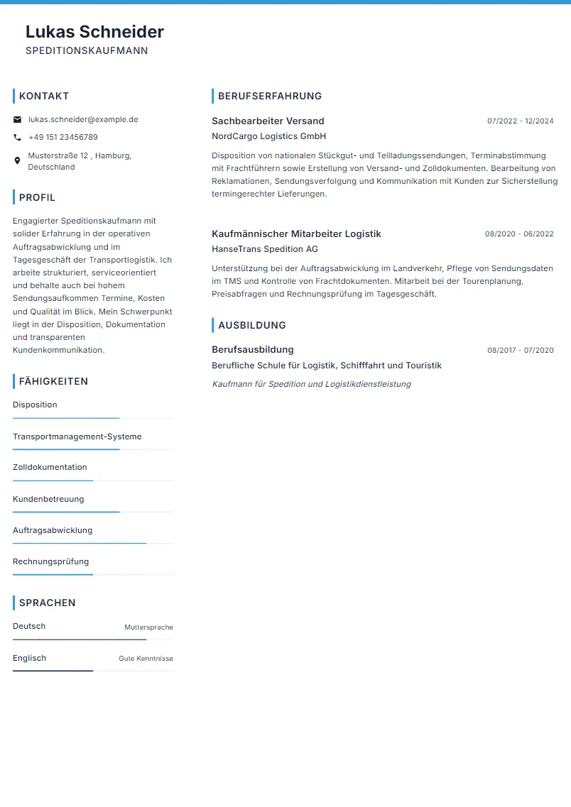 Lebenslauf Beispiel Speditionskaufmann - Lukas Schneider