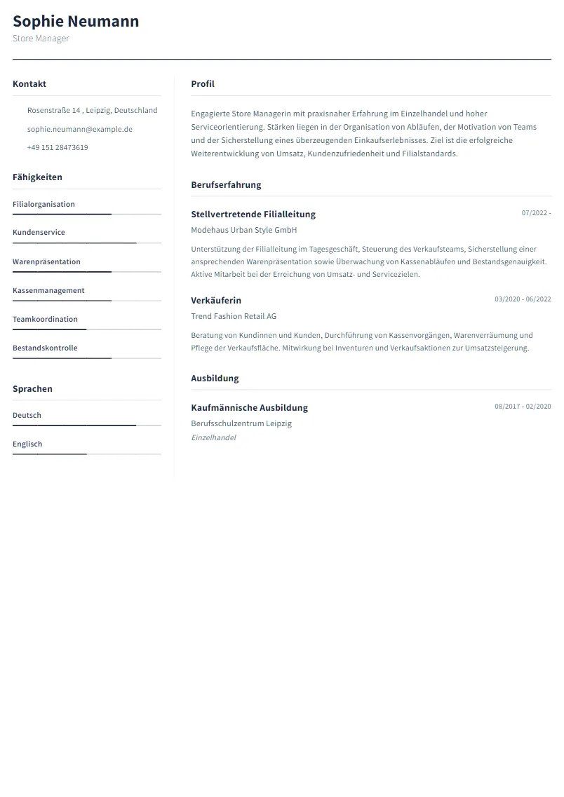 Lebenslauf Beispiel Store Manager - Sophie Neumann